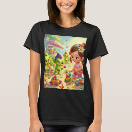 Camiseta um personagem de desenho animado com um coelho e u