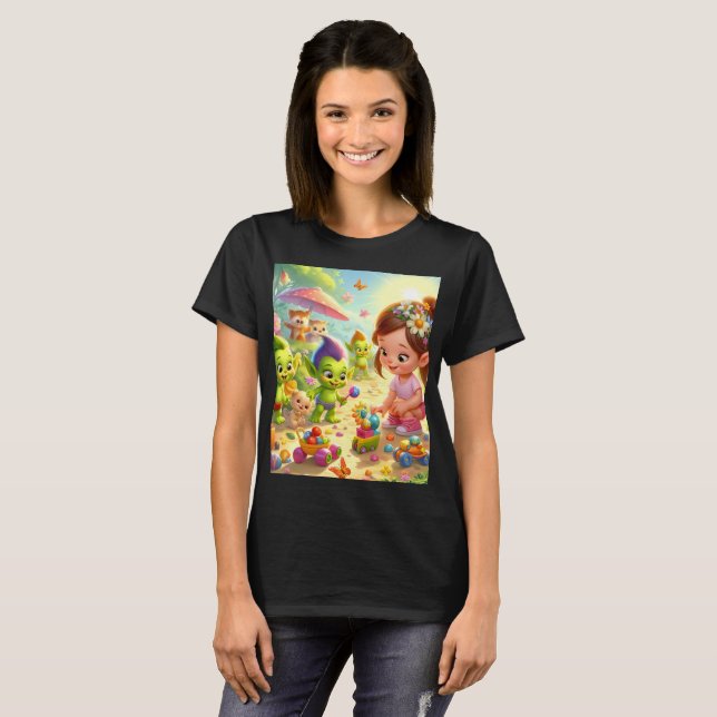 Camiseta um personagem de desenho animado com um coelho e u (Frente Completa)