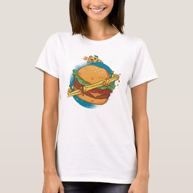 Camiseta Um Planeta Cheesburger com Foguete de Pizza (Frente)