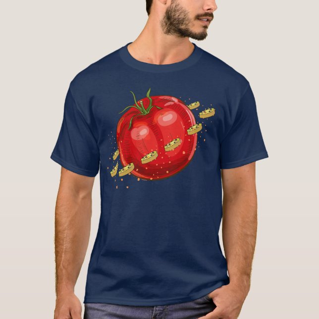 Camiseta Um planeta de tomate com pizzas ao seu redor (Frente)