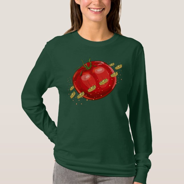 Camiseta Um planeta de tomate com pizzas ao seu redor (Frente)