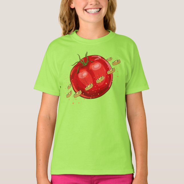 Camiseta Um planeta de tomate com pizzas ao seu redor (Frente)