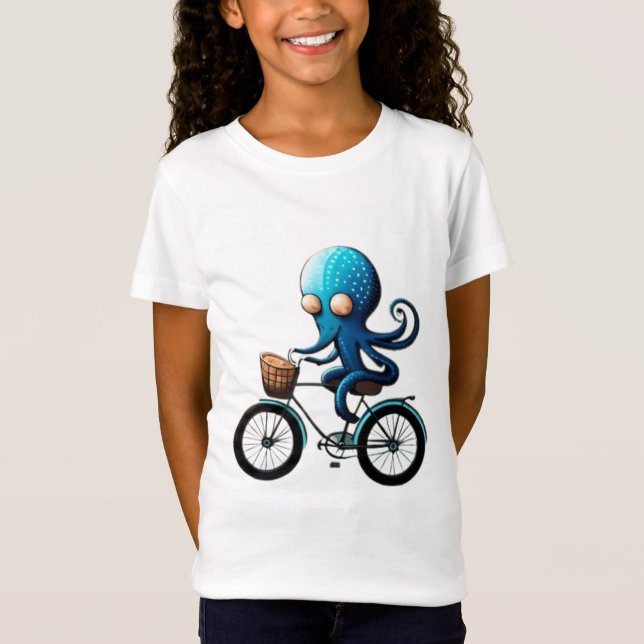 Camiseta Um polvo azul bonito em uma bicicleta (Frente)