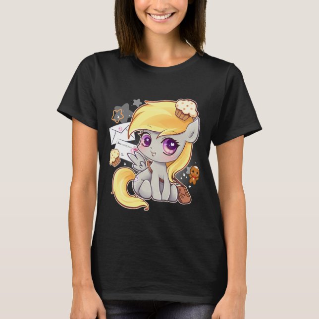 Camiseta Um pônei de Kawaii bonito com cartas e cupcakes (Frente)