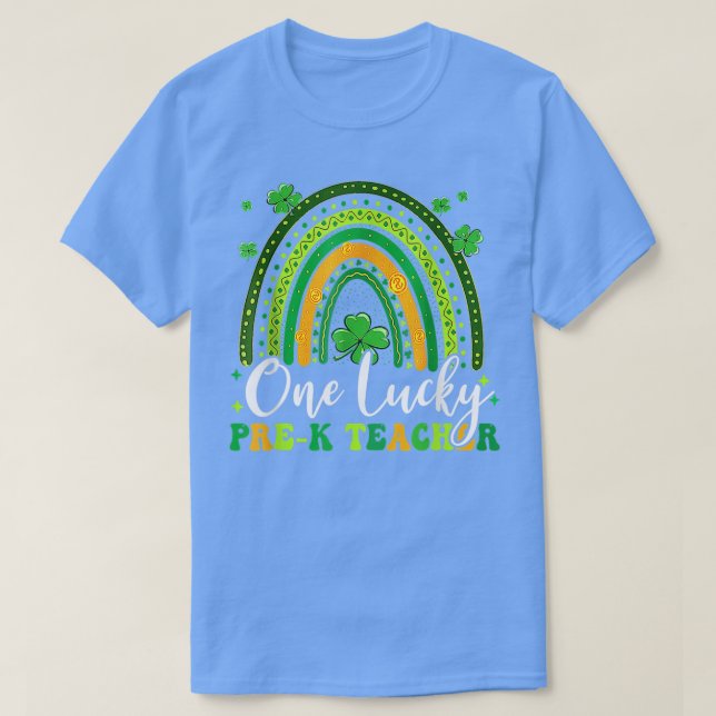 Camiseta Um Professor de Pré-K, Rainbow Shamrock, do Patric (Frente do Design)