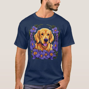 Camiseta Um Retriever de Ouro rodeado por irrises ilustra