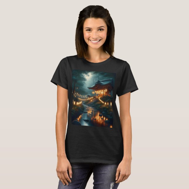 Camiseta um santuário com luzes à sua volta e um sinal que  (Frente Completa)