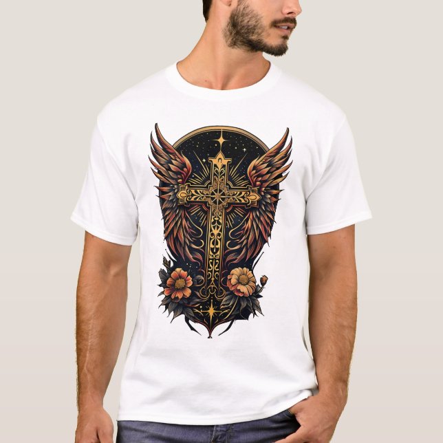 Camiseta Um símbolo de força: O ornamentado cruza com asas. (Frente)