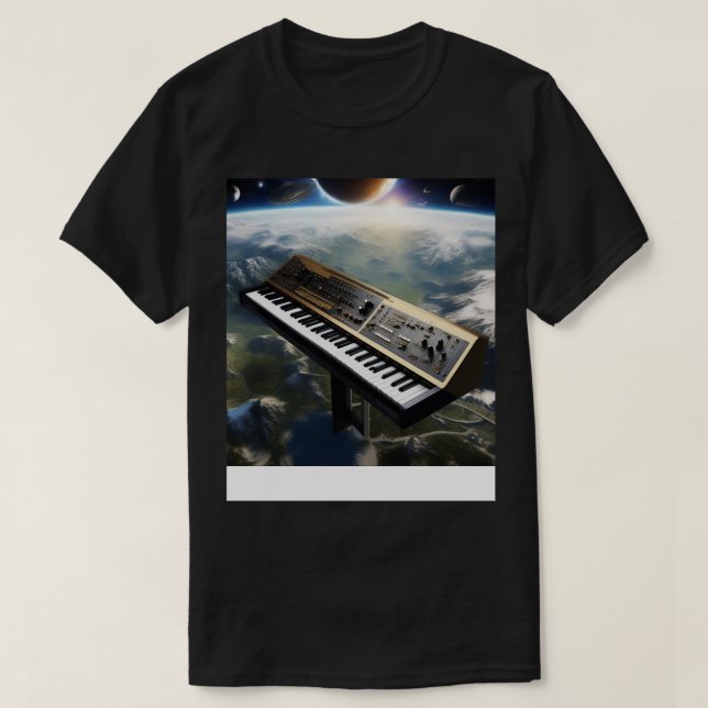 Camiseta Um Sintetizador Voando Acima Da Terra (Frente do Design)