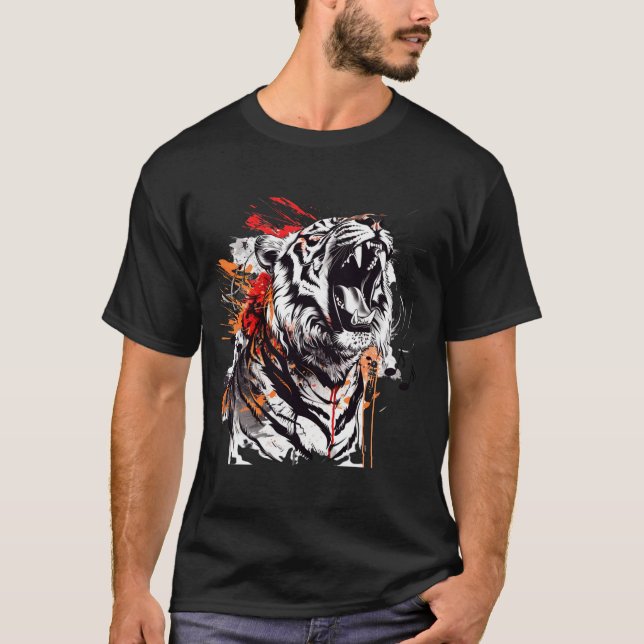 Camiseta Um tigre feroz rugindo com notas musicais emanadas (Frente)