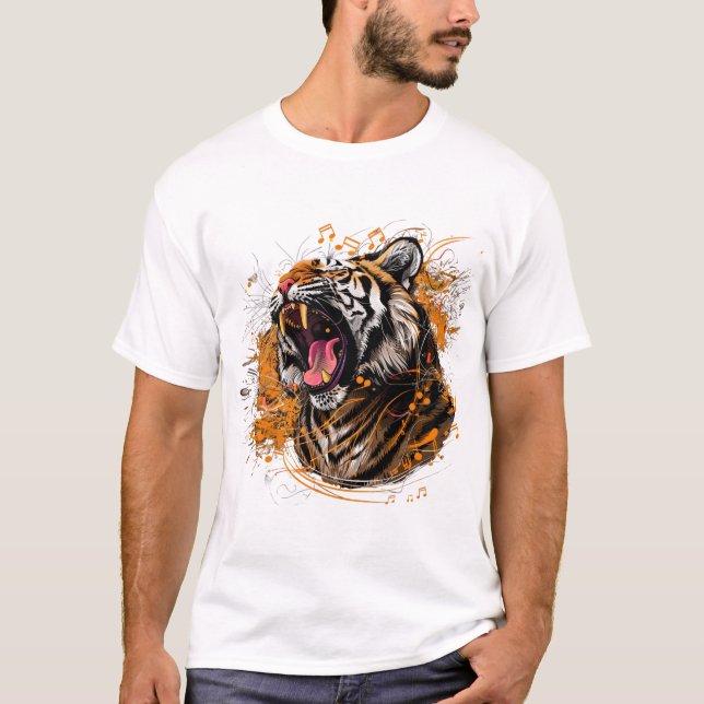 Camiseta Um tigre feroz rugindo com notas musicais emanadas (Frente)