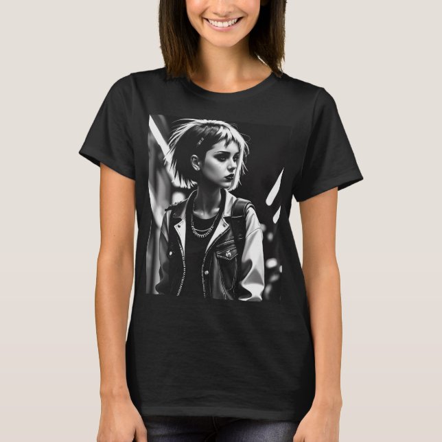 Camiseta um tom branco preto de menina punk (Frente)