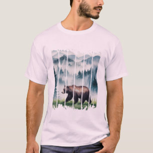 Camiseta um urso numa floresta selvagem névoa