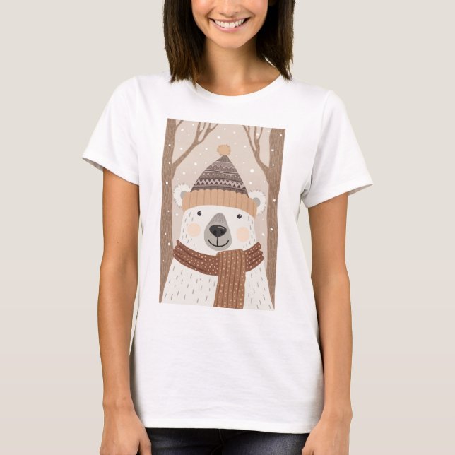 Camiseta Um urso polar com um chapéu tricotado. (Frente)