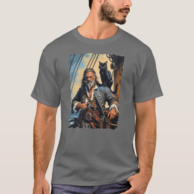 Camiseta Um velho pirata torto no convés da sua nave. (Frente)