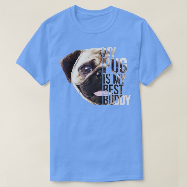 Camiseta Um verdadeiro amigo, PUG, dá um presente para o cã (Frente do Design)