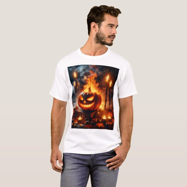 Camiseta uma abóbora com uma abóbora que diz halloween (Frente Completa)