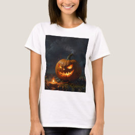Camiseta uma abóbora de halloween com um rosto assustador