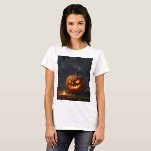 Camiseta uma abóbora de halloween com um rosto assustador