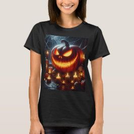 Camiseta uma abóbora de halloween com um rosto assustador n