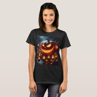 Camiseta uma abóbora de halloween com um rosto assustador n