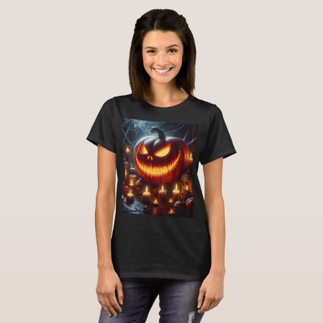 Camiseta uma abóbora de halloween com um rosto assustador n (Frente Completa)