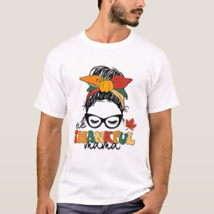 Camiseta Uma agradecida mamãe Messy Bun Groovy Autumn Thank