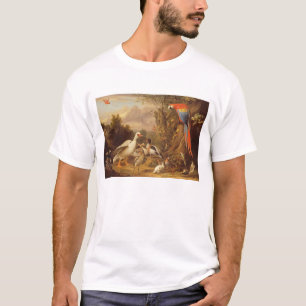 Camiseta Uma arara, patos, papagaios e outras aves em terra