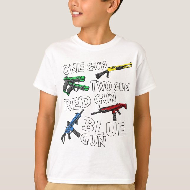 Camiseta Uma Arma Duas Armas Vermelha Arma Azul (Frente)