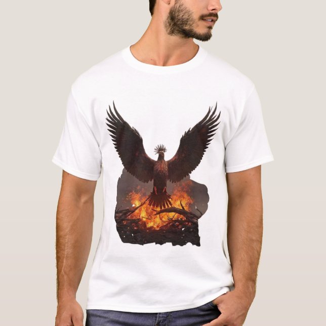 Camiseta Uma ascensão de fênix das cinzas de uma terra vulc (Frente)