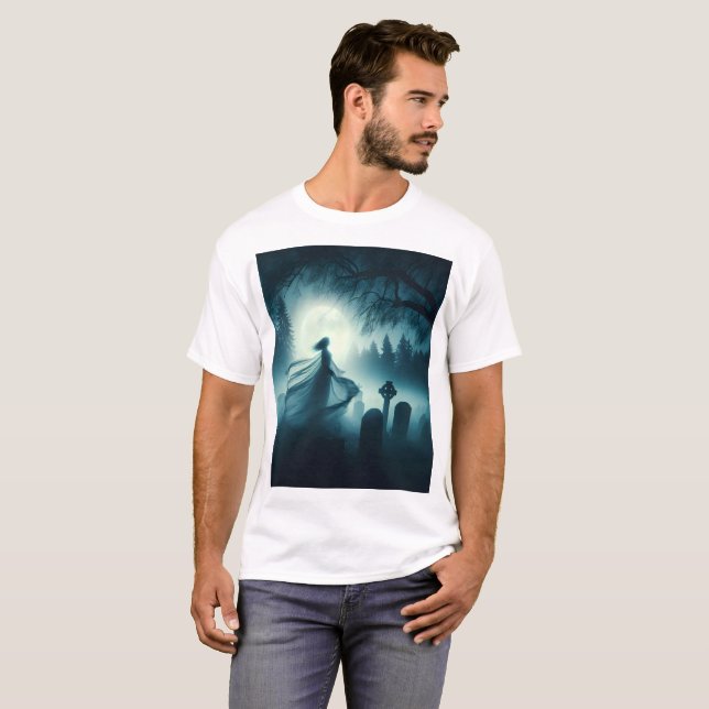 Camiseta uma cena assustadora de um fantasma feminino em um (Frente Completa)