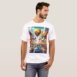 Camiseta uma cena de desenho animado de uma rua movimentada