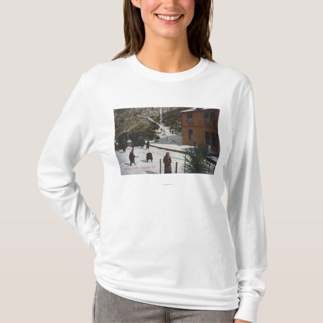 Camiseta Uma cena do inverno, adultos que jogam na neve (Frente)