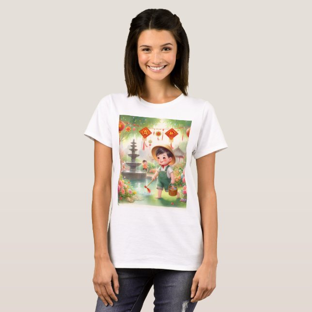Camiseta uma criança num jardim com uma lata de água (Frente Completa)
