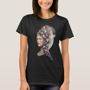 Camiseta Uma figura humana se dissolvendo em formas geométr
