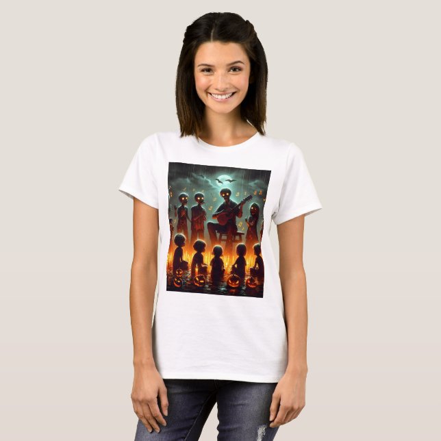 Camiseta uma foto de uma família de zumbis com um violão (Frente Completa)