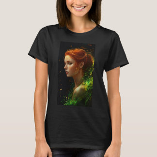 Camiseta Uma linda mulher vermelha com olhos verdes virada