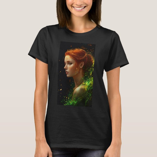Camiseta Uma linda mulher vermelha com olhos verdes virada (Frente)