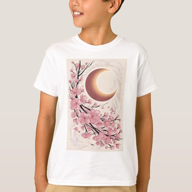 Camiseta Uma lua crescente gigante com flores de cereja cai (Frente)