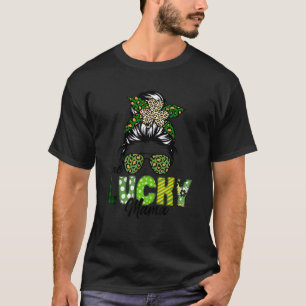Camiseta Uma Lucky Mama Leopard Messy Bun Saint Patrick D