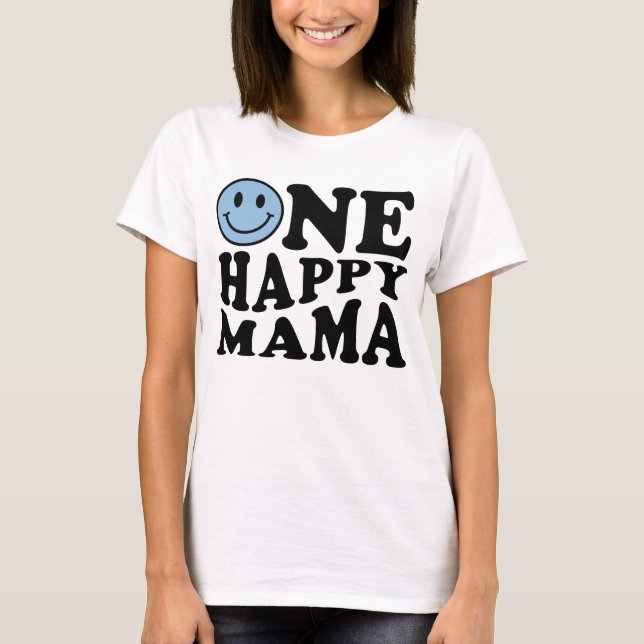 Camiseta Uma mamãe feliz | Azul Correspondente Um Aniversár (Frente)