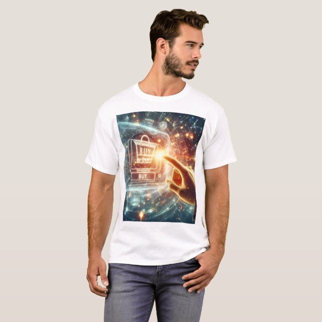 Camiseta uma mão está empurrando um saco de compras com uma (Frente Completa)