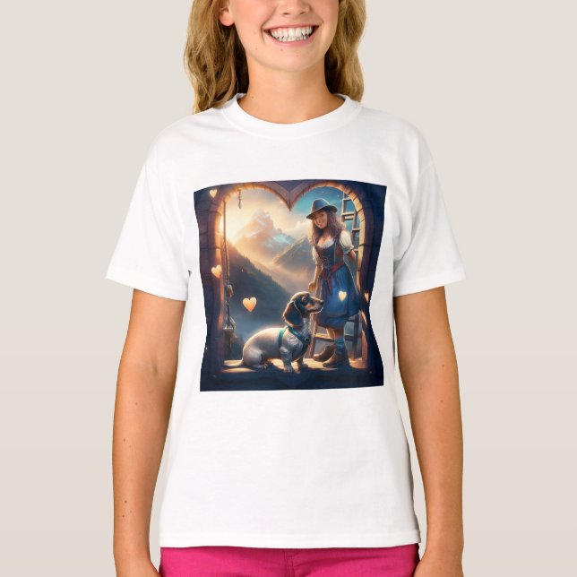Camiseta Uma Menina Alpina E Seu Amante Dachshund (Frente)