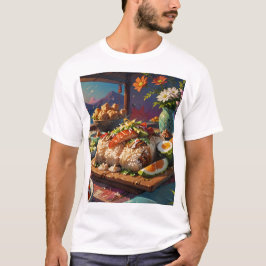 Camiseta uma mesa com comida, incluindo uma placa de comida