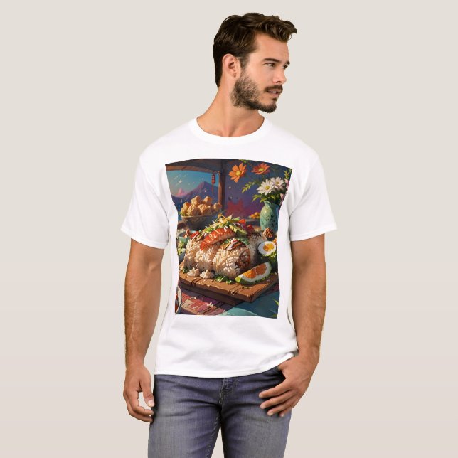 Camiseta uma mesa com comida, incluindo uma placa de comida (Frente Completa)