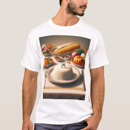 Camiseta uma mesa com placa de comida incluindo milho de ar