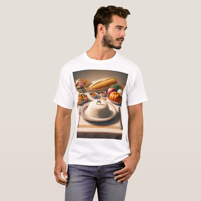 Camiseta uma mesa com placa de comida incluindo milho de ar (Frente Completa)