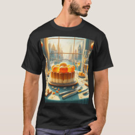 Camiseta uma mesa com um bolo e óculos e um bolo com um