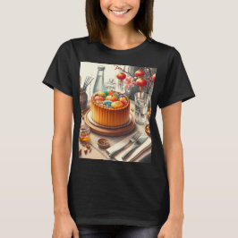 Camiseta uma mesa com um bolo e um vaso com ovos