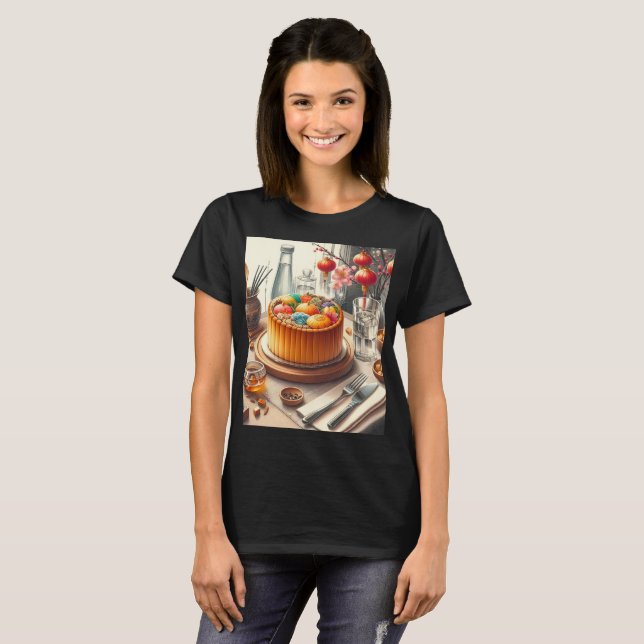 Camiseta uma mesa com um bolo e um vaso com ovos (Frente Completa)